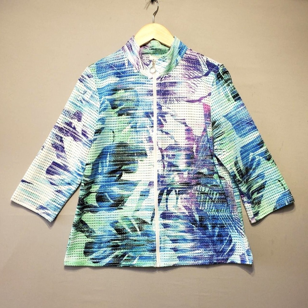 Chicos Weekends Mesh Jacket Womens‎ M Blue Green Tropical Zip Travel Summer
